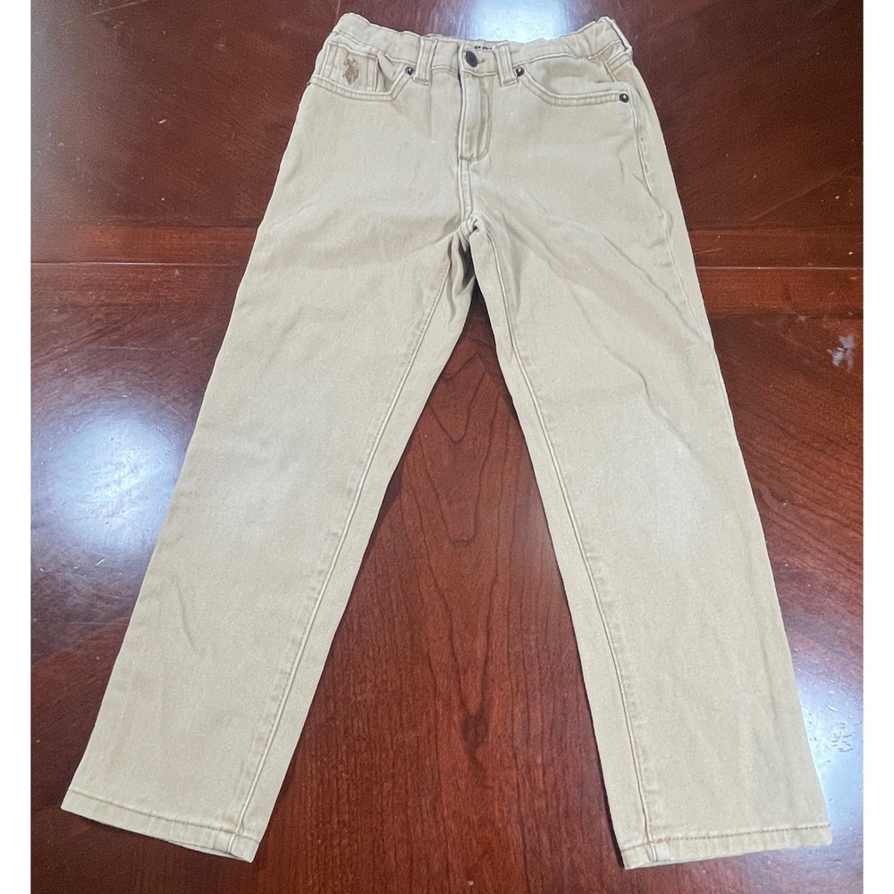US Polo Assn Boys Khaki Chino Pants Tan Straight Leg Adjustable Waist Size 7 EUC